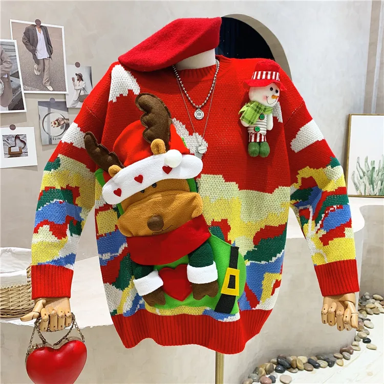 

Christmas Sweaters Winter 2021 New O-neck Loose 3D Cartoon deer Appliques Woman Sweaters Knitted Oversize Pullover Top Female