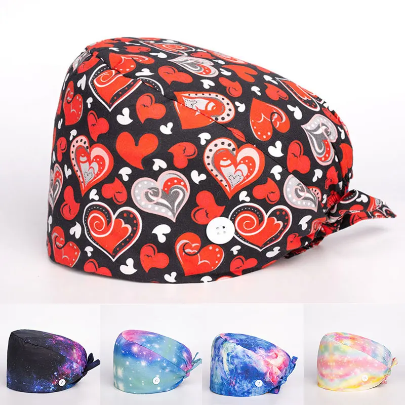 

New Cartoon Nurse Hat Working Caps Bouffant Sanitary Hats for Woman With Sweatband Button Nursing Hair Floral Soft Scrub Cap