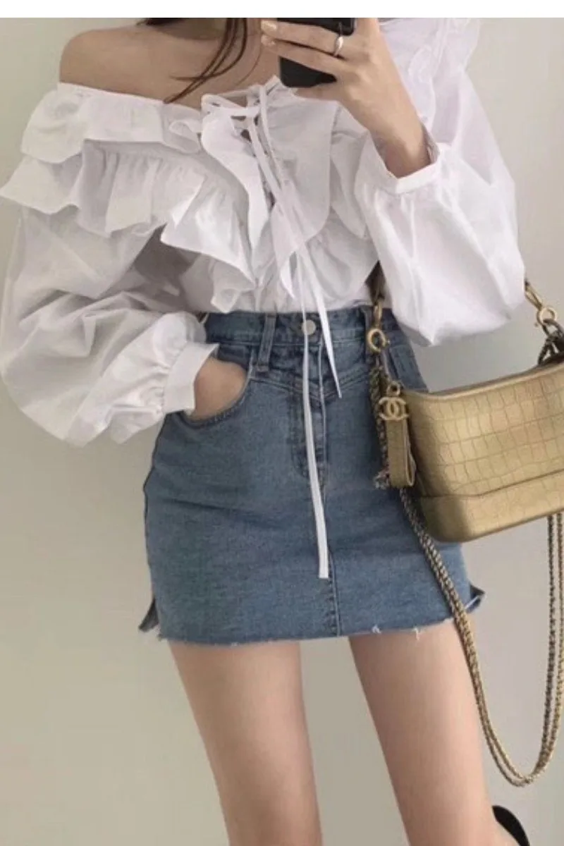 

2021 Spring New Korean Style Ruffled V-neck Front and Rear Wearable Drawstring Lace Long Sleeve Shirt for Women