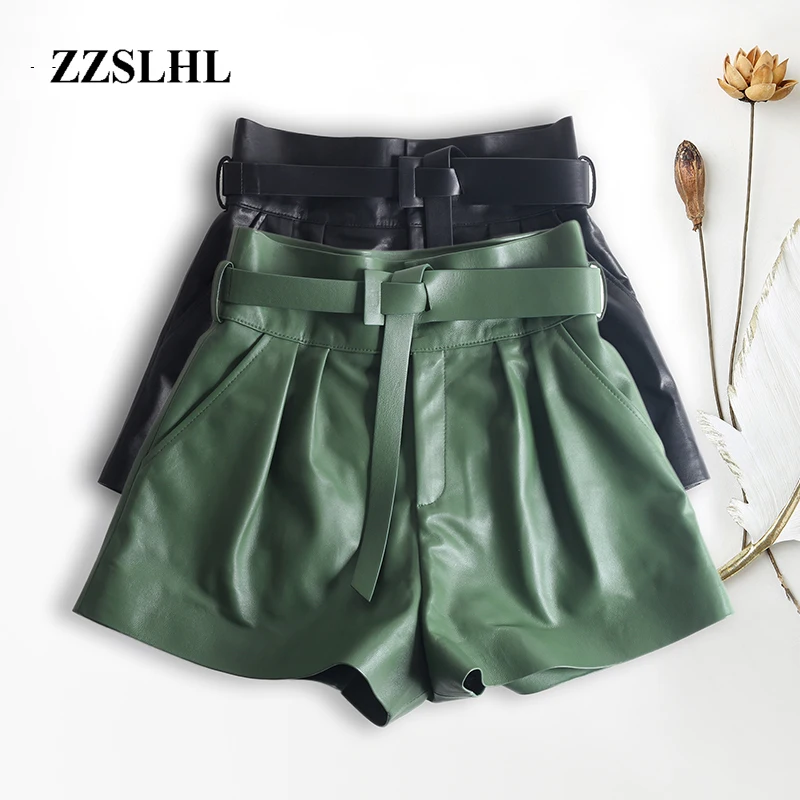 

Женские плиссированные шорты в стиле Харадзюку из натуральной кожи с оборками и поясом, женские шорты с высокой талией Hhaki/зеленые повседне...