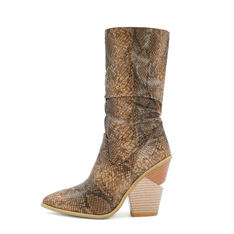 Fashion Folds Snake Print Mid Calf Boots Women Wedges High Heels Western Pointed Toe Slip On Autumn Winter Woman Shoes | Обувь