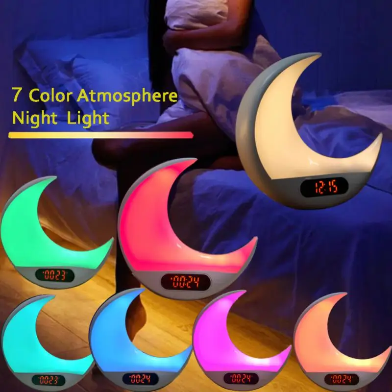 

Children Bedroom Wake-up Light With Remote Control Colorful Light Alarm Clock Radio Moon Shape Table Decoration Electronic Clock