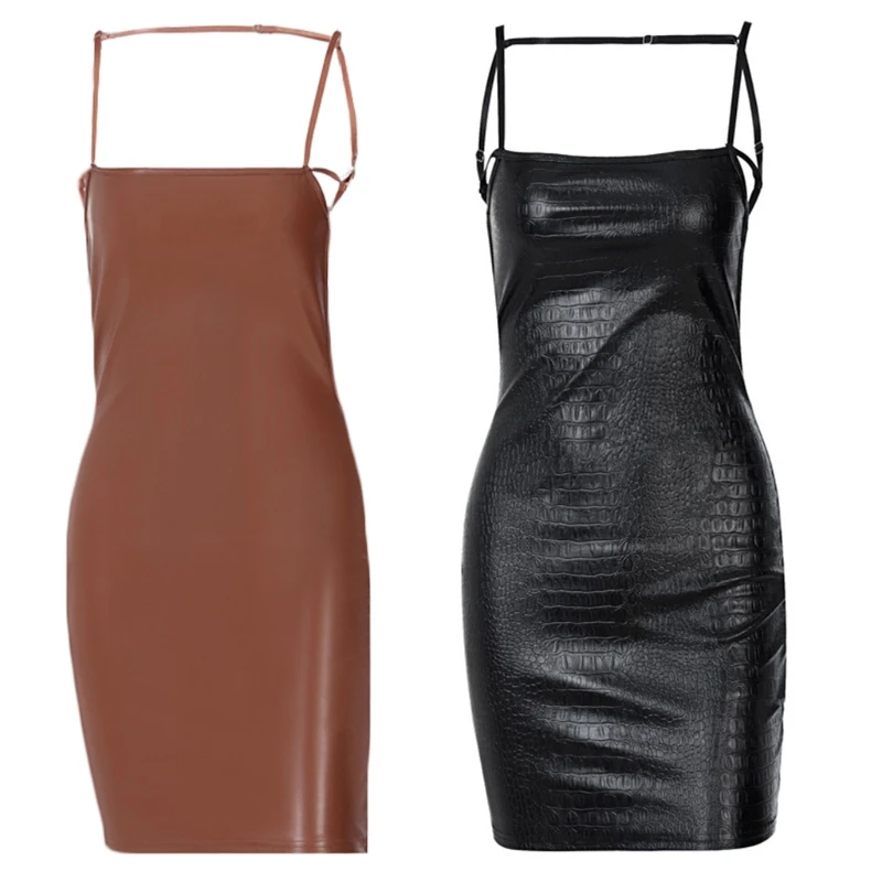

2021 Women Sexy Faux Leather Spaghetti Straps Open Back Bodycon Mini Dress Strappy Backless High Waist Package Hip Clubwear