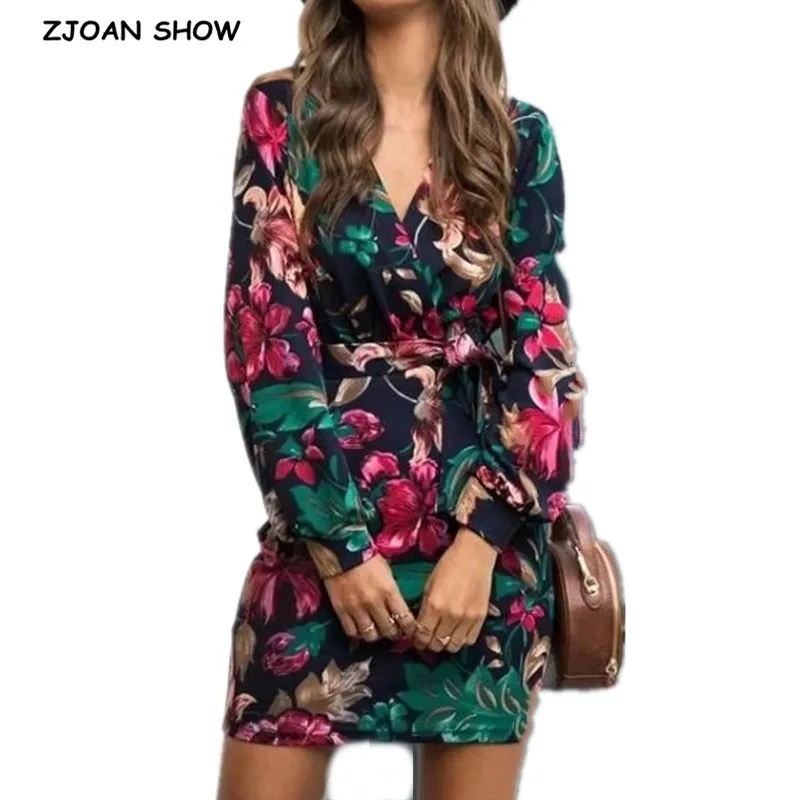 

2020 Sexy Floral Print Long sleeve Mini Short Dress Women Cross Deep V neck Party Dresses Package hips Slim fit Vestidos