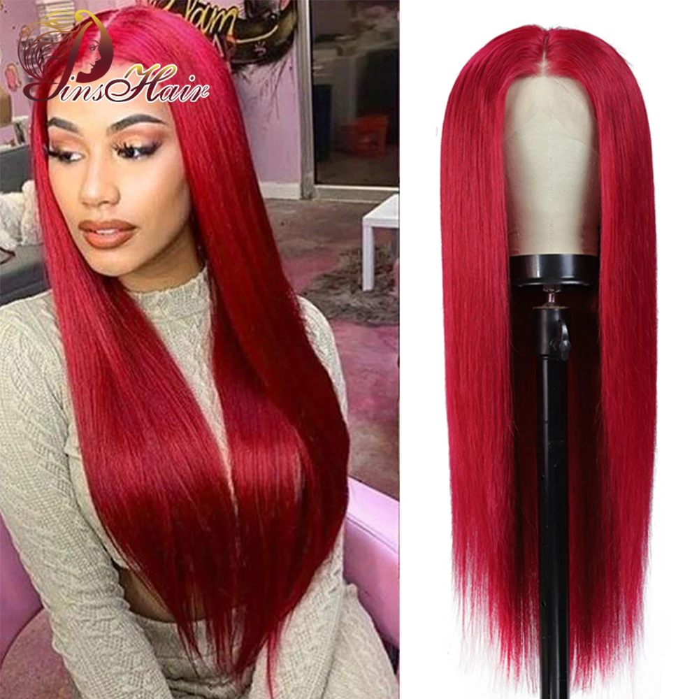

30" Red 99J Straight Human Hair Wig 13x4 HD Lace Front Wigs Long T Part Remy Pre-plucked Transparent Lace Frontal Wigs For Women