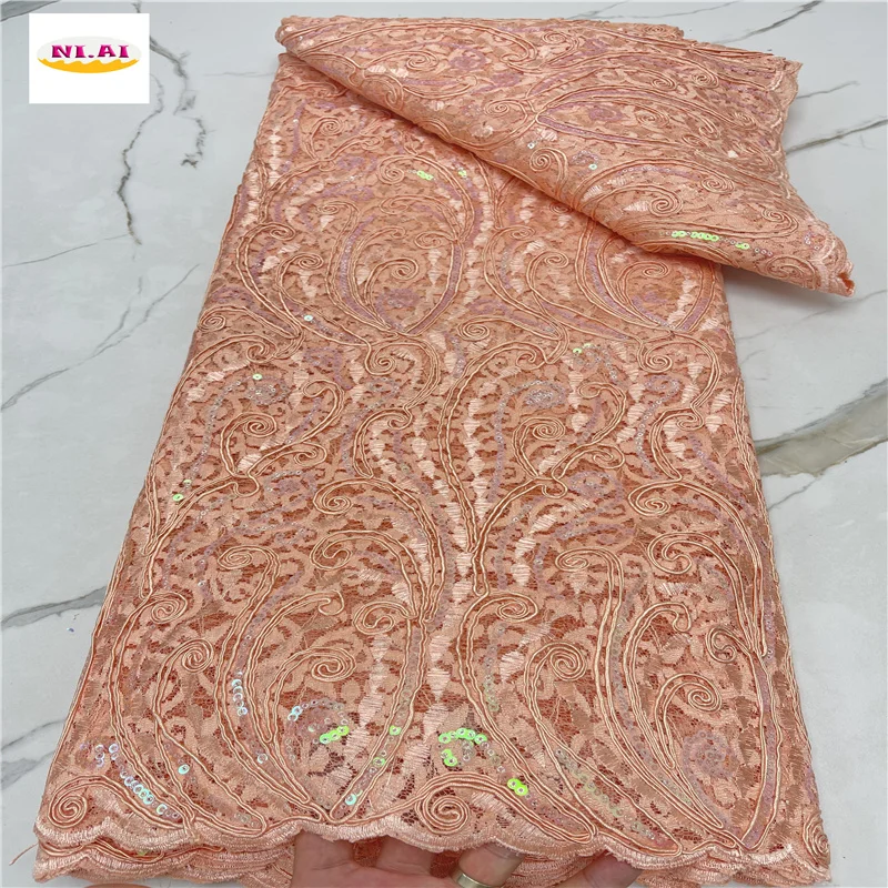 

Новейший дизайн, высококачественный нигерийский простой и благородный дизайн, вышитая блестками персиковая кружевная вышивка, ткань для п...