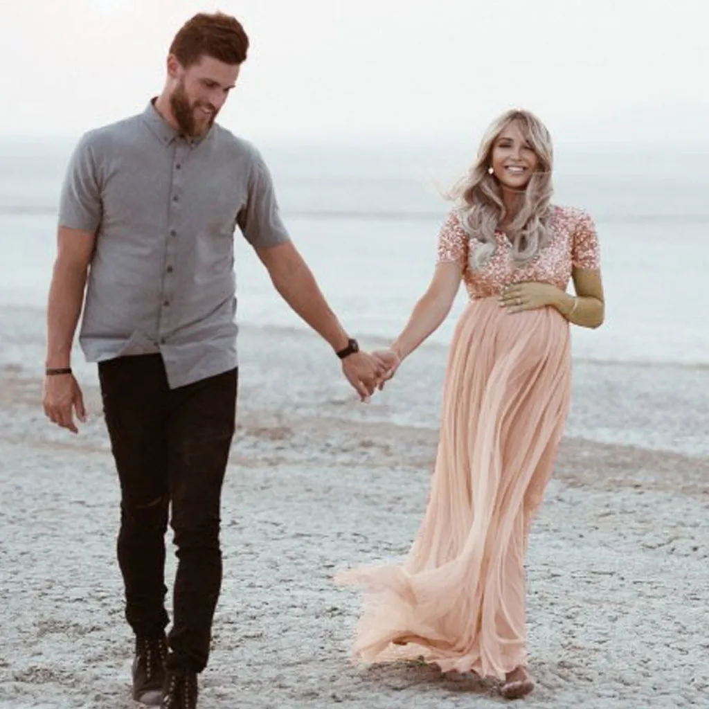 

Для женщин беременных для беременных фотографии реквизит короткий рукав блестками однотонное платье Zwangerschapsjurk Baby Shower платье