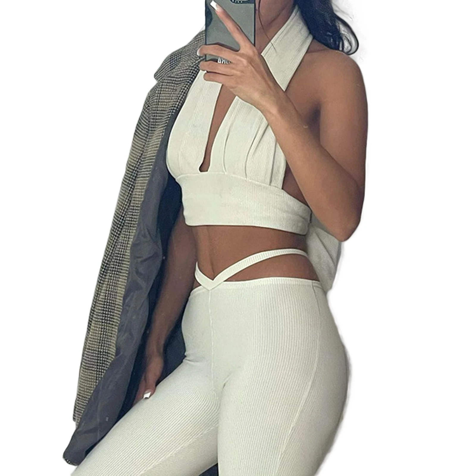 

Women Pant Sets Two-piece White Ribbed Suits Summer Chic Deep Halter Neck Backless Crop Tops+Cut-Out Tight Pants