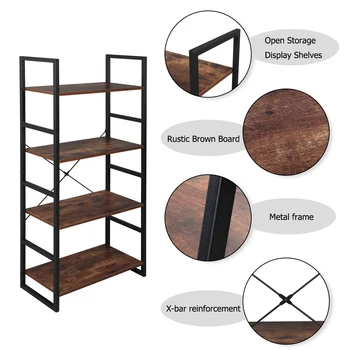 【USA READY STOCK】“X” frame design 4 Tier Vintage  Bookcase Shelf Storage Organizer Wood and Metal Bookshelf Rack