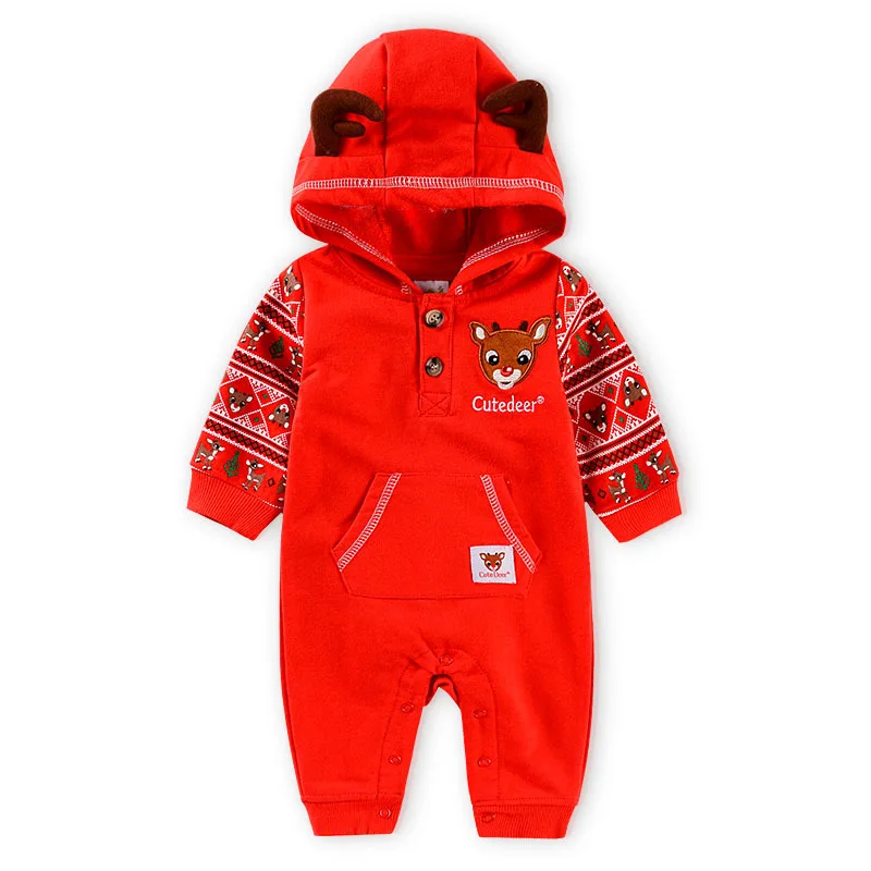 

New Born Baby Clothes Cotton 0-9 Month Girl Hooded Jumpsuit Pullover Red Festive Costume Baby Boys Christmas Romper Unisex