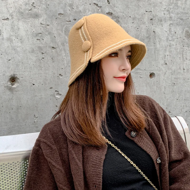 

New Autumn winter female woolen botton stripe decorate retro dome bowler hats matching fashion warm outing celebrity bucket hat