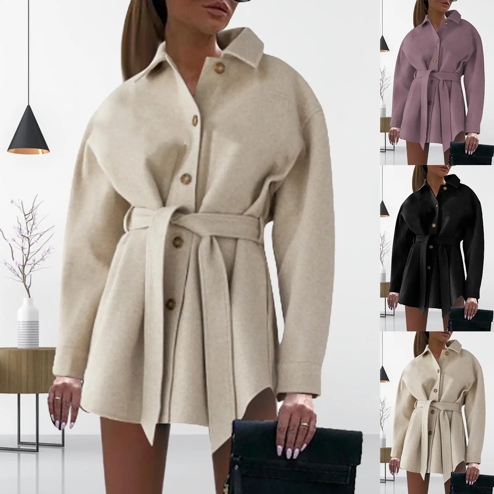 

2020 Autumn Winter Woolen Coat Women V-neck Folded Collar Mid-length Jackets Waistband Fasteners Female Overcoats