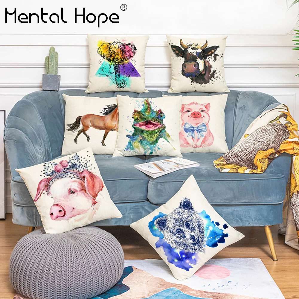 Льняная хлопковая наволочка с принтом свиньи рисунком животных из мультфильмов