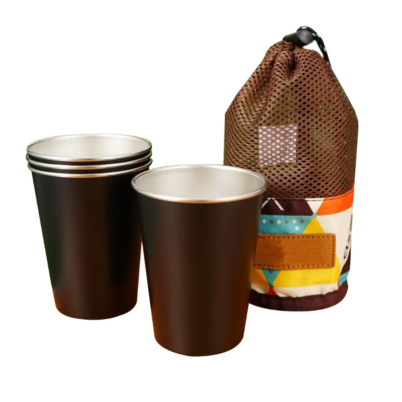 

2021 Top 4Pcs Stainless Steel Camping Tumbler Cup with Mesh Bag Picnic Drinking Glass Mug