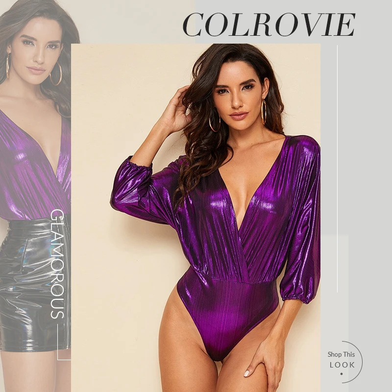 COLROVIE, фиолетовый, с глубоким вырезом, с эффектом металлик, боди для женщин, глубокий v-образный вырез, облегающий боди,, сексуальный, рукав три четверти, боди