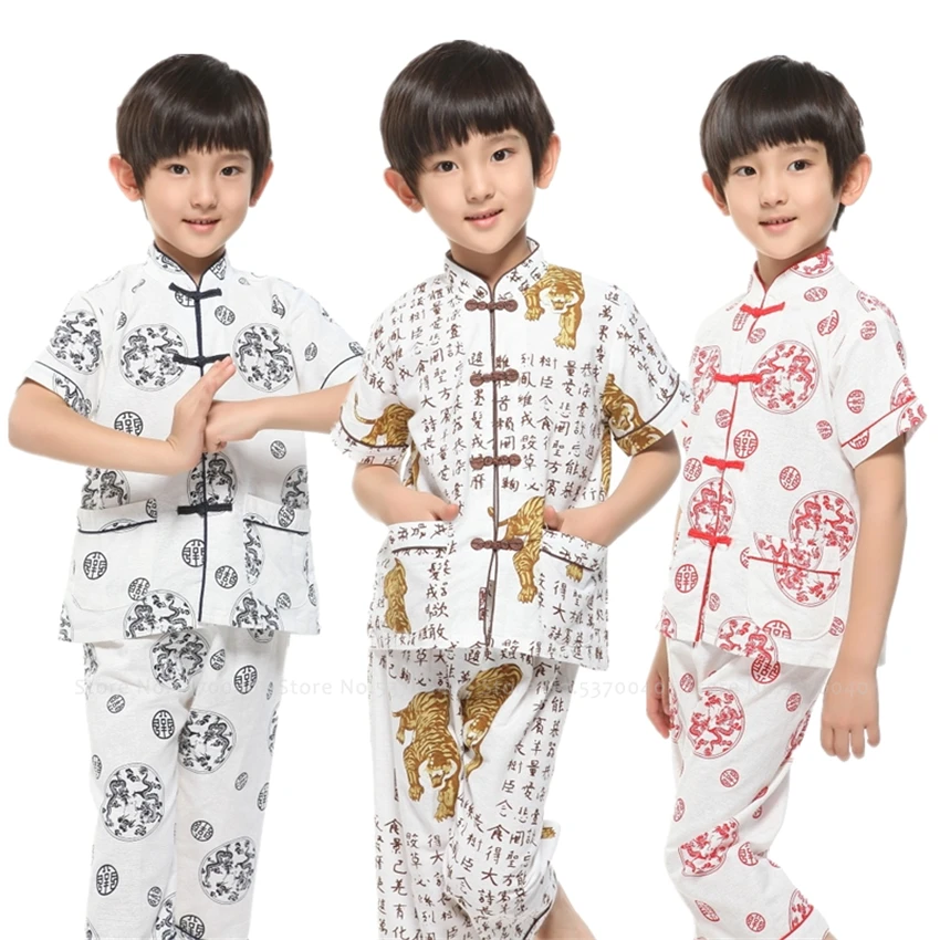 Традиционный китайский костюм Тан льняная футболка ханьфу для мальчиков свободные штаны детские топы с ушу