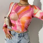 Женские топы из прозрачной сетки, осенние женские футболки с длинным рукавом и принтом в виде красителя, пикантные прозрачные короткие облегающие футболки с круглым вырезом, розового, красного, синего цветов