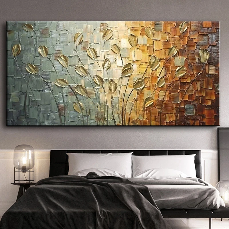 

Nordic Abstract Golden Leaves Flowers Oil Painting On Canvas Big Size Wall Art Posters Prints Pictures for Living Room Home