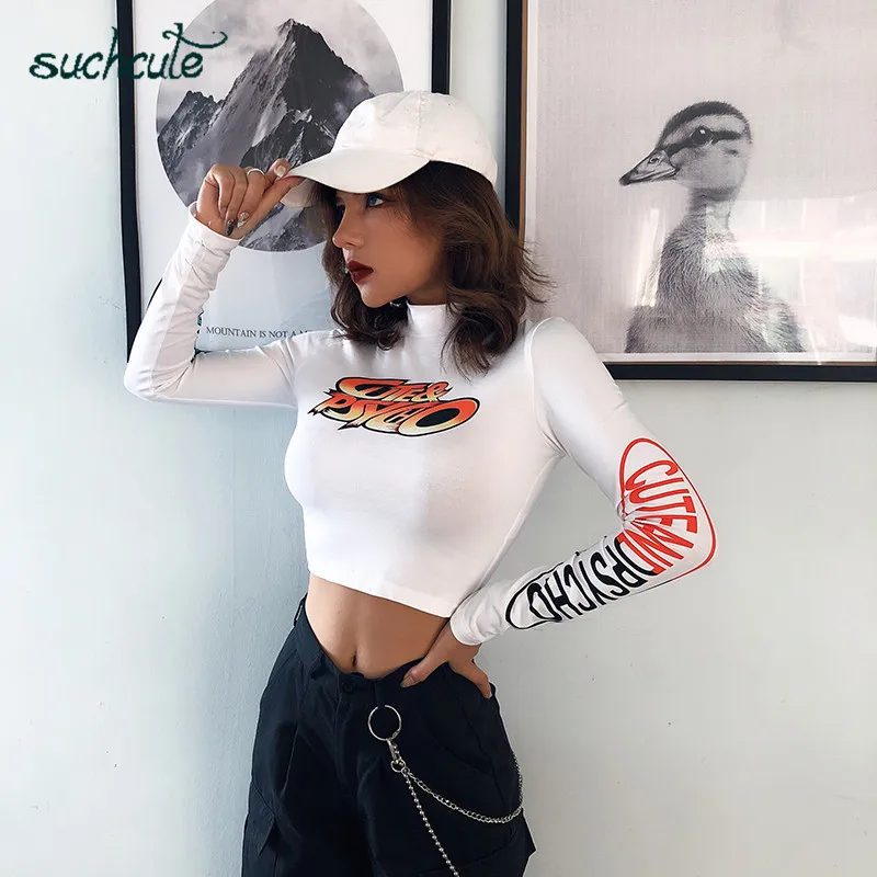 SUCHCUTE женские футболки с круглым вырезом для женщин, длинная уличная одежда с буквенным принтом Harajuku, одежда в Корейском стиле, Повседневные базовые Топы