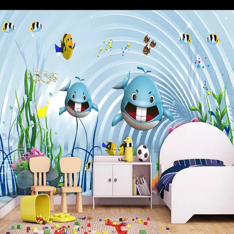 

New Custom large mural 3D wallpaper cartoon Underwater World Cute Shark child bedroom mural TV back wall decor deep 5D embossed