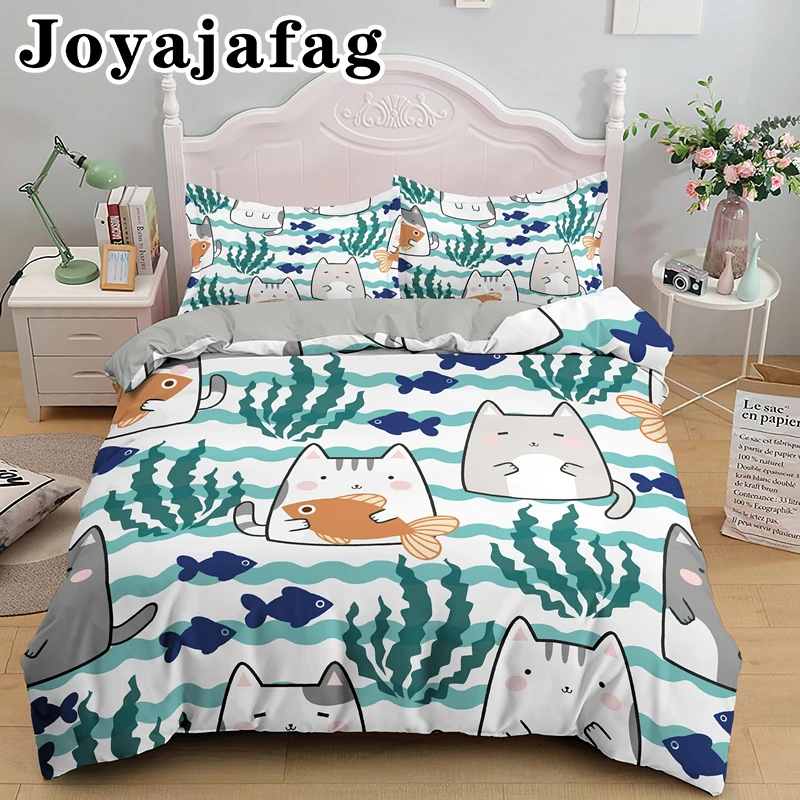 

Cute Cartoon Cat With Fish Design Bedding Set 2/3 Pieces For Kids Adult Single Double King Size Duvet Cover Sets Quilt Covers