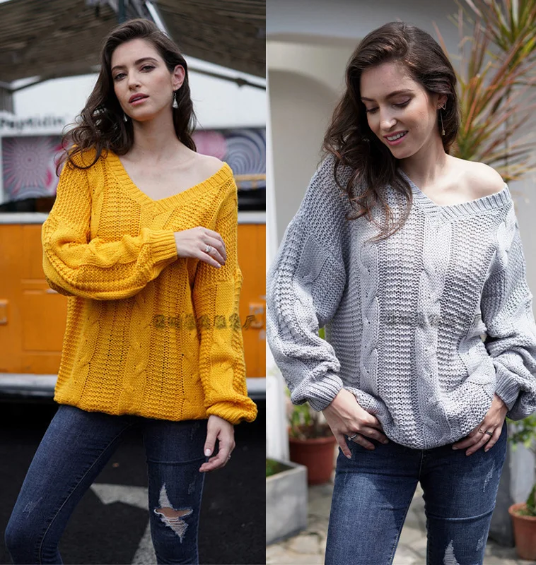 Модный новый женский хлопковый трикотажный теплый свитер с v-образным вырезом