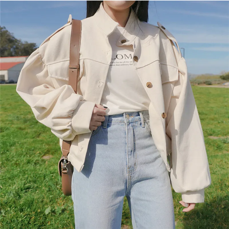 

2021 Autumn Winter Short Coats Outerwear Long Sleeve Cute Fashion Solid Single Breasted Button Crop Korean Short Jackets