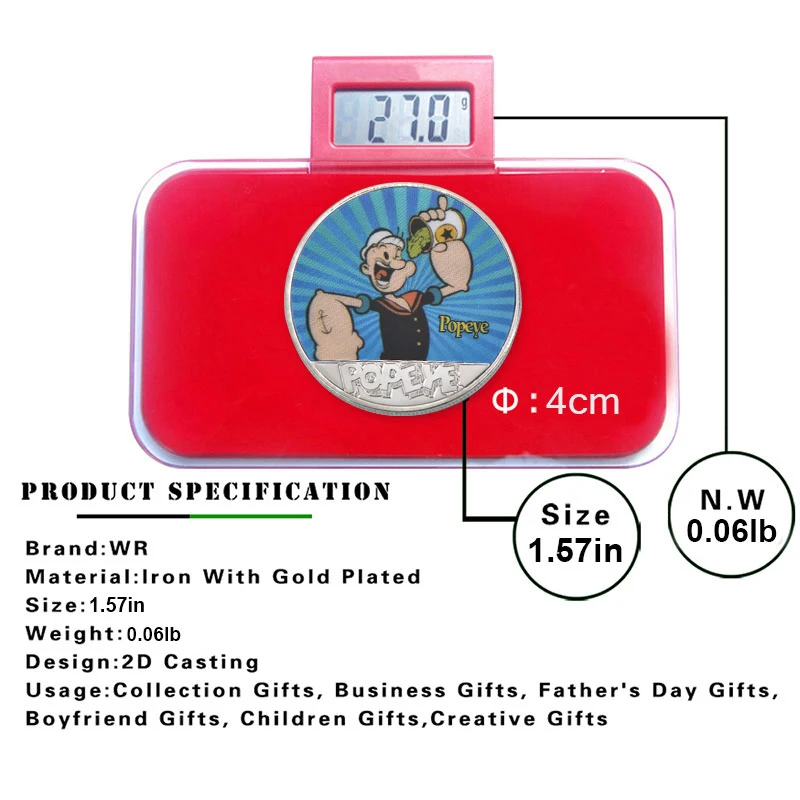 WR Popeye Серебристые Металлические копировальные монеты оригинальный мультяшный