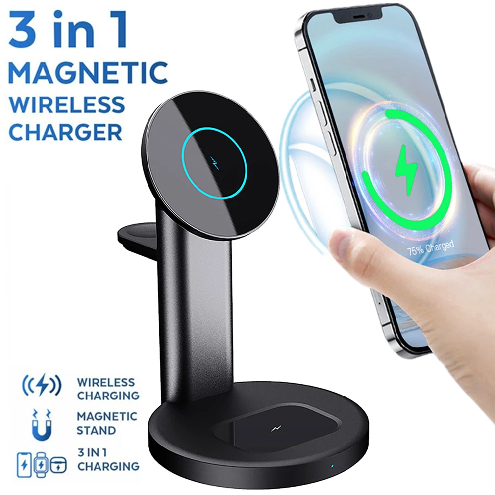 

Магнитное Беспроводное зарядное устройство для Apple Watch 6 Airpods Pro 3 в 1 15 Вт Быстрая Зарядка Док-станция для iPhone 12 Pro Max Mini iWatch