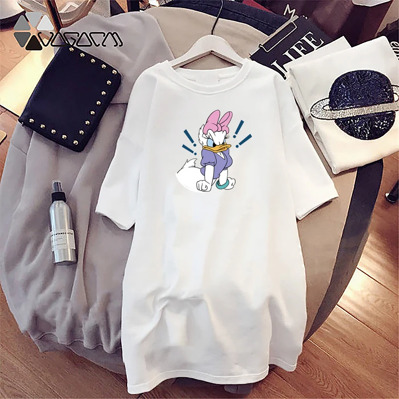 

Summer Tshirt Dresses Casual Women Donald Duck Cartoon Mini Dress Short Sleeve White Casual Loose Harajuku Robes Vestidos New