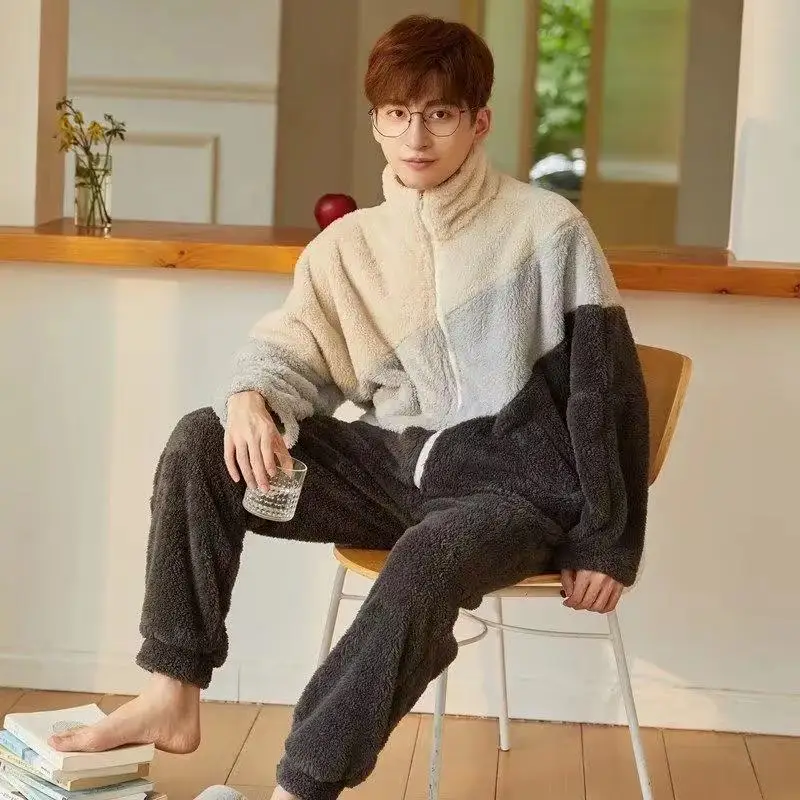 

Winter Warm Pajamas Set Men Long Sleeve Thick Flannel Soft Sleepwear Suits Fashion Male Nightwear Pyjamas Lounge Homewear Home