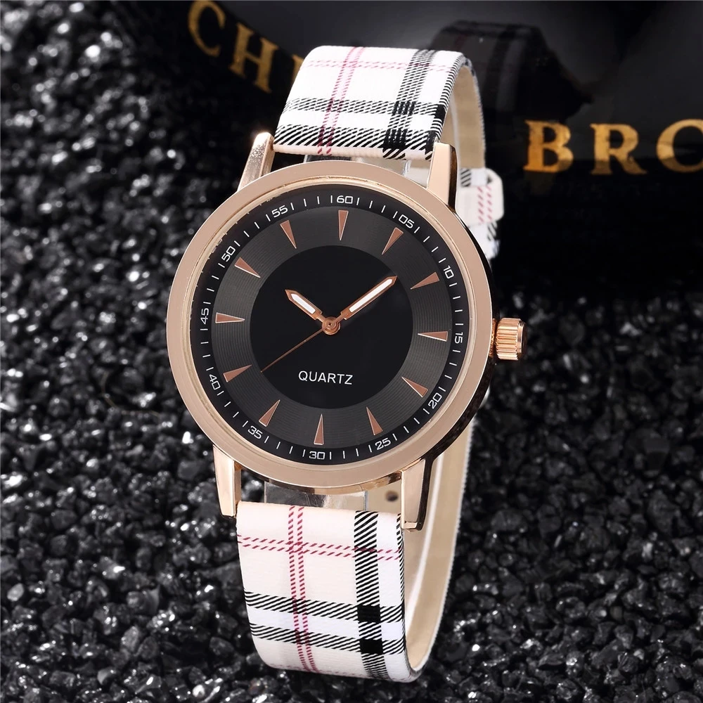 

Montre Femme Fashion Ladies Luxury Rose Gold Check Leather Strap Women Watch Top Brand Unisex Casual Dress Quartz Watch Reloj