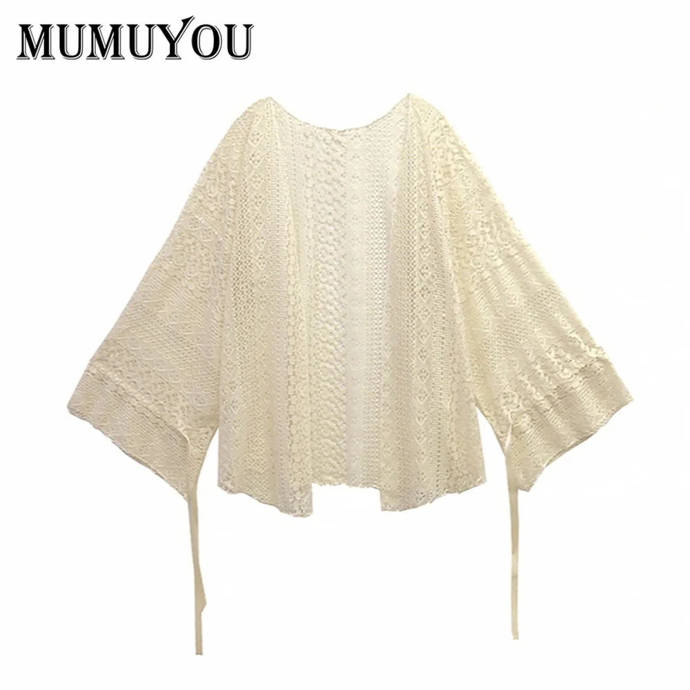 Женский кружевной кардиган Свободное пальто с длинными рукавами-фонариками и