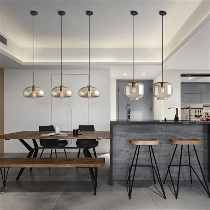 

LED Nordic Retro Glass Chandelier Restaurant Cafe Bar Modern Industrial Style Single Head Glass Night Light Decorative Lighting