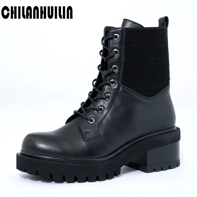 

classic lace-up sock boots black genuine leather shoes woman ankle boots autumn winter boots thick high heel platform ankle boot
