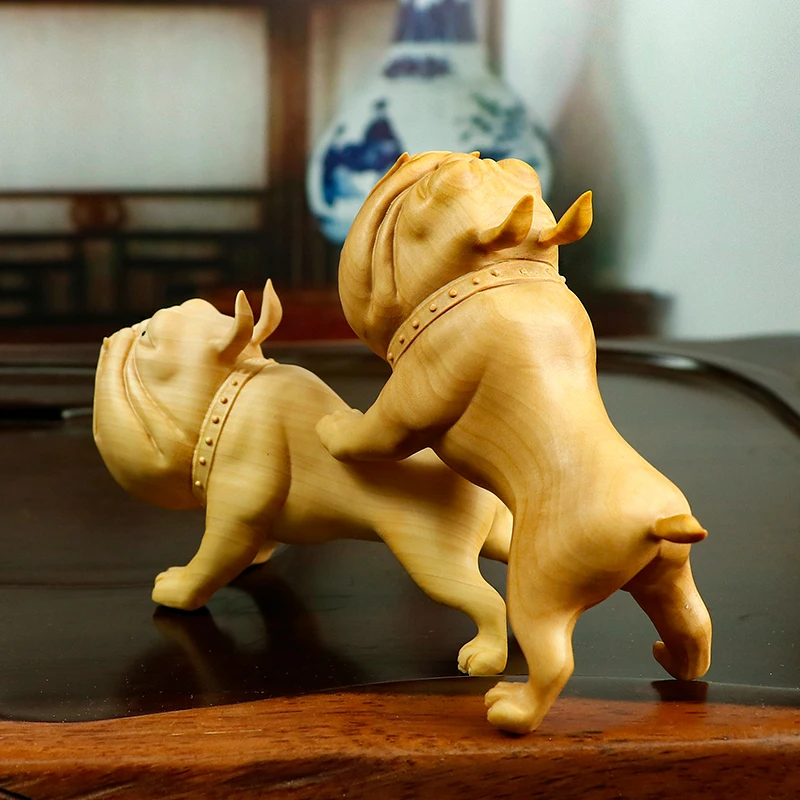 

English Bulldog Small Wood Carving Statue Sculpture Desk Decor Handmade