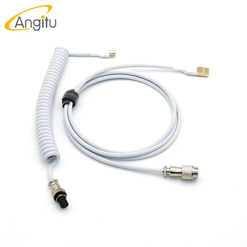 Angitu Hand Make Custom Mechanical Keyboard Type C Coiled Cable USB-Type C Data Spiral Cable With GX12 Aviator-Black White