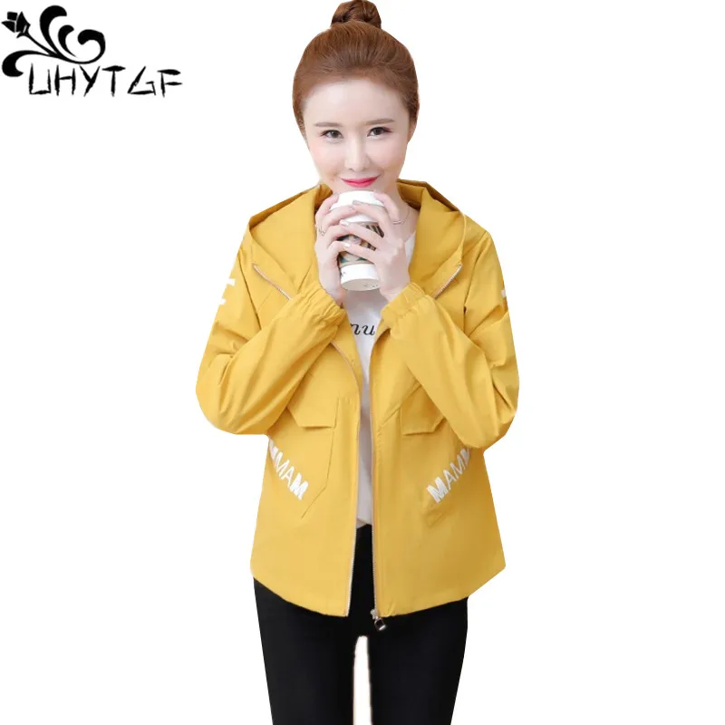 

UHYTGF Spring autumn coat women Solid color wild hooded student trench coat for women casual short plus size tops outerwear 1237