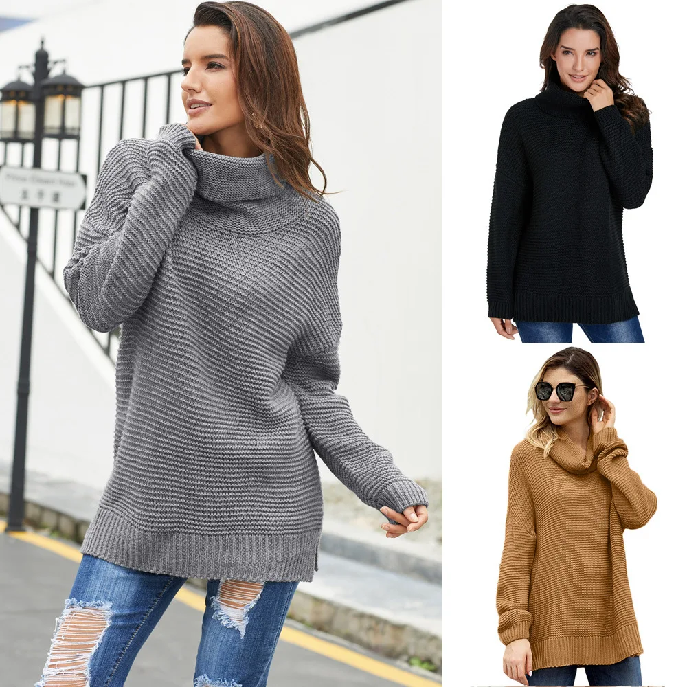 

Вязаный пуловер средней длины с высоким воротником и длинным рукавом