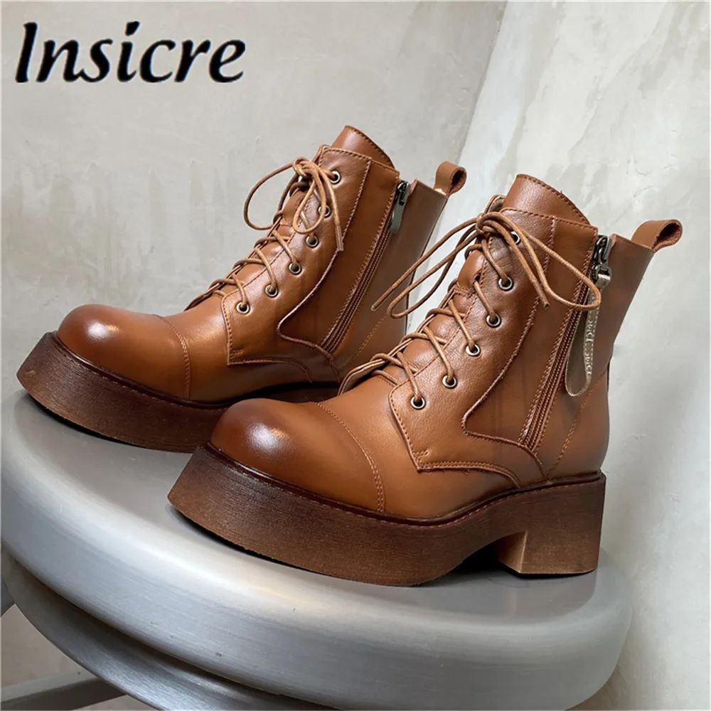 

Insicre Women Winter Autumn Motorcycle Ankle Boots Thick Heel Platform Fashion Genuine Leather Round Toe Lace Up Zipper Shoes