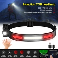 waterproof cobxpe led head lamp 6 modes usb charging induction headlight with red warning light for outdoor camping hiking