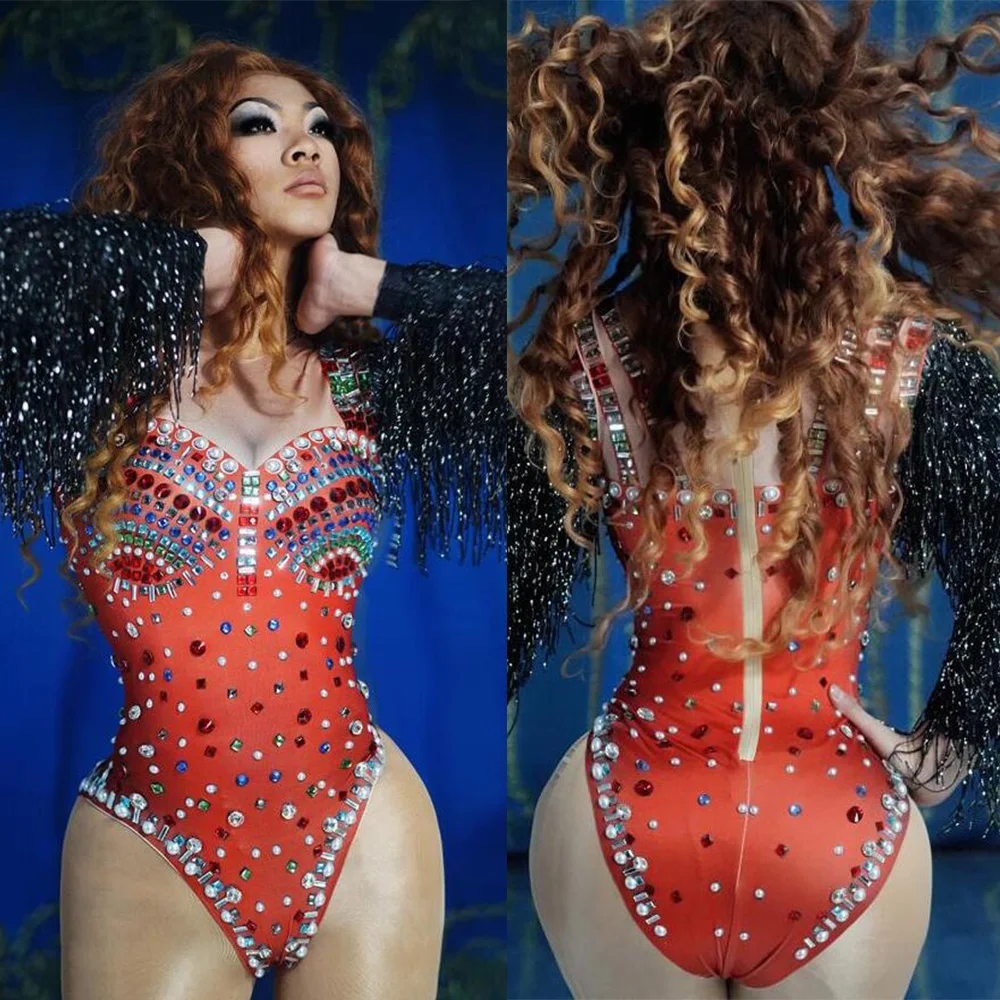 

Shining Tassel Sleeve Crystals Bodysuit for Women Stretch Pearls Leotard Sexy Singer Stage Costumes Club Party Dancer Crystals