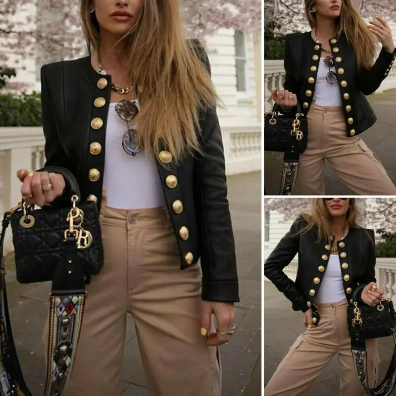 Hirigin Fashion Women Blazers Short Coat 2020 Long Sleeve Solid Suits Button Coat Slim Office Lady Army Style Jacket Blazer