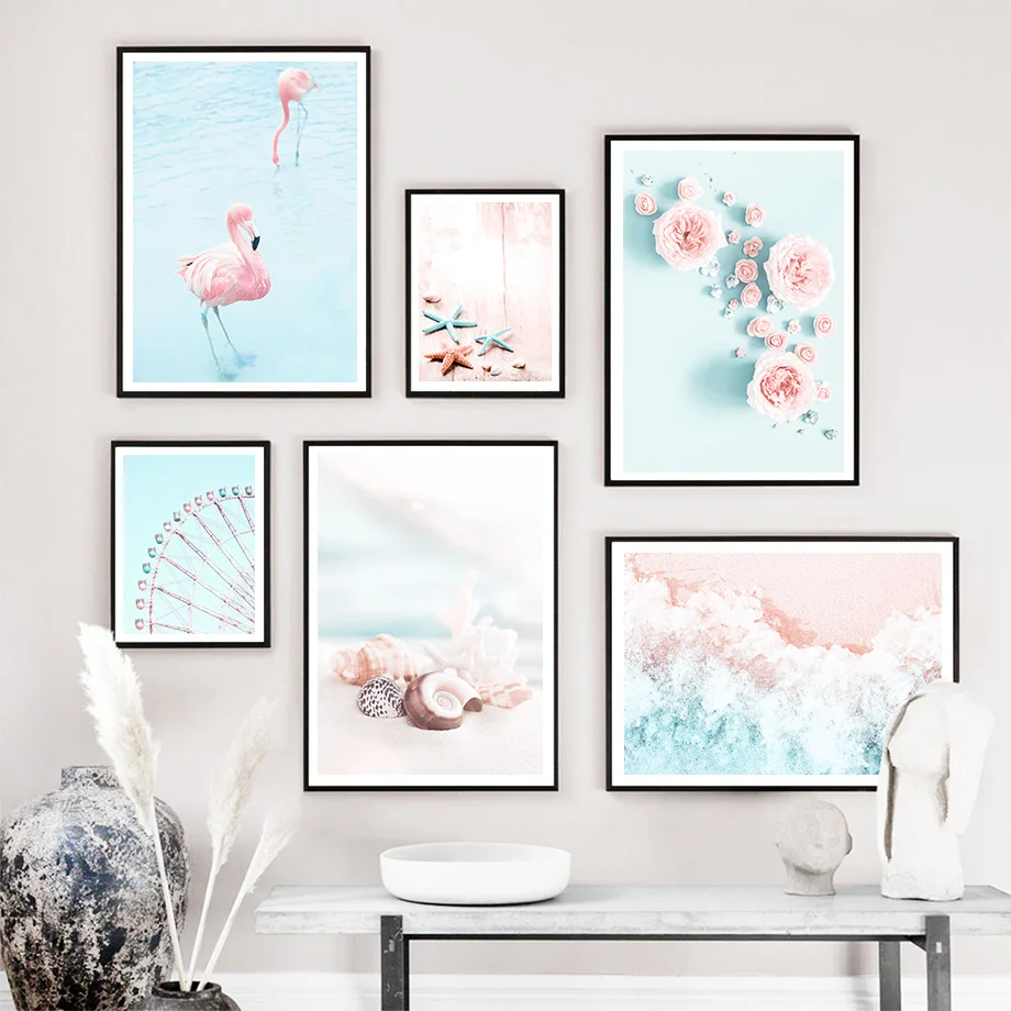 Картина на холсте с изображением фламинго птицы морской волны пляжа пиона