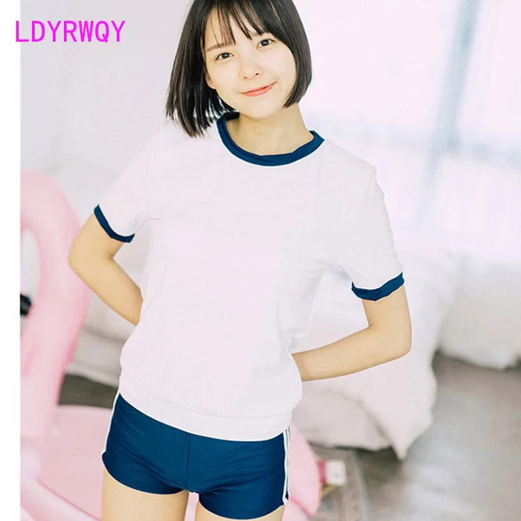 

LDYRWQY 2021 new Japanese and Korean short-sleeved high-waist conservative belly-covering bikini swimsuit two-piece suit