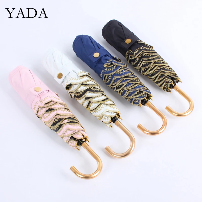 

YADA Ins Gold Color Lace J Handle 3-Folding Umbrella Women UV Rainproof Umbrella Parasol Rain Sun Light Minin Umbrellas YD200279