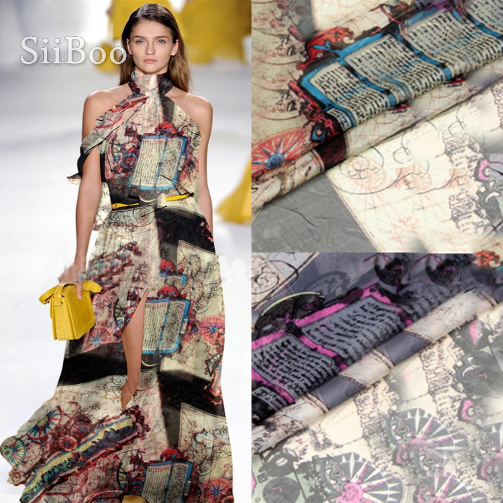 Винтажный Стиль Ретро Печать 100% натуральный шелк шифон ткань одежда для платья шелк tissu telas fabric 6 мм SP5380 Бесплатная доставка