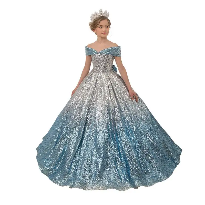 

Customized Girl Party Dress Off Shoulder Colorful Sequins Bow Ball Gown for Wedding Princess Dress 3-15Y E63001