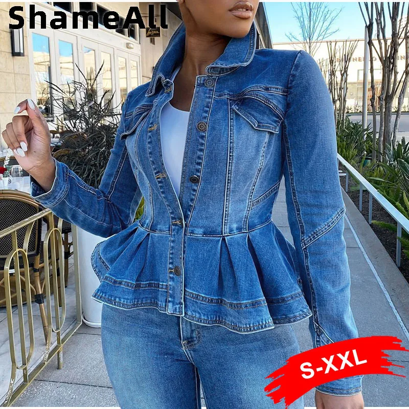 

Women Designer Europe Ruffles Hem Peplum Bomber Denim Coat 2XL Streetwear Slim Outwear Chi Party Club Distressed Jeans Jackets