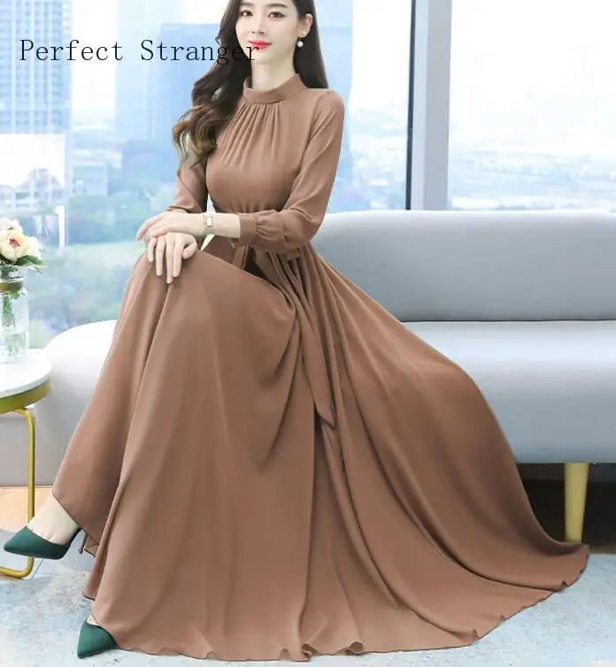 

2021 Spring Autumn New Arrival High Quality Plus Size S-4XL Stand Collar Solid Color Long Sleeve Women Chiffon Long Dress